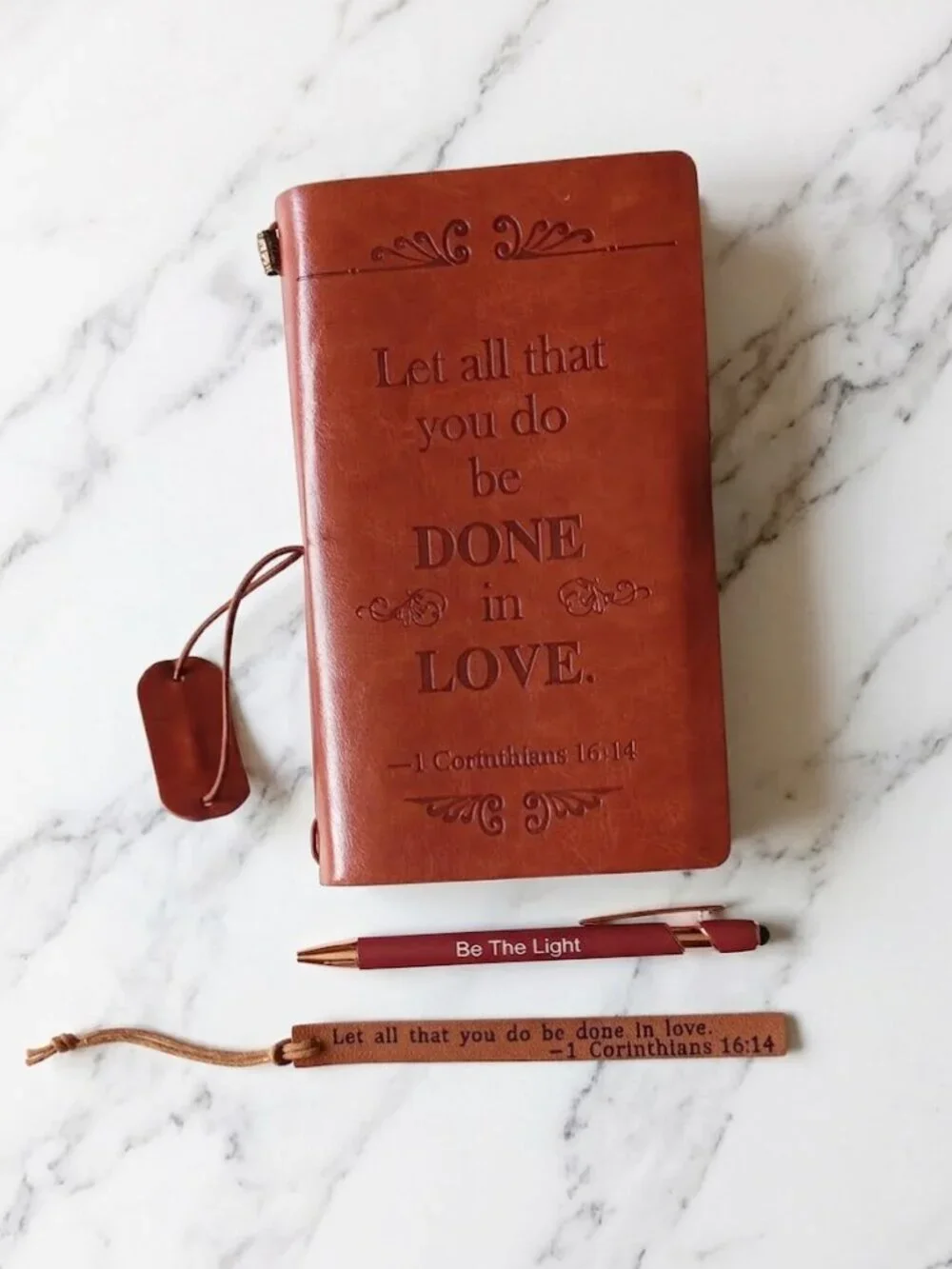 Brown Embossed Leather Journal with Pen Bookmark - 1 Corinthians 16:4